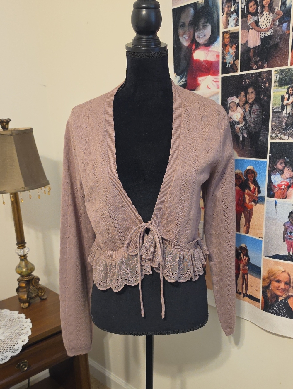 Delicate Lace-Trim Tie-Front Sweater Cardigan - Dusty Taupe